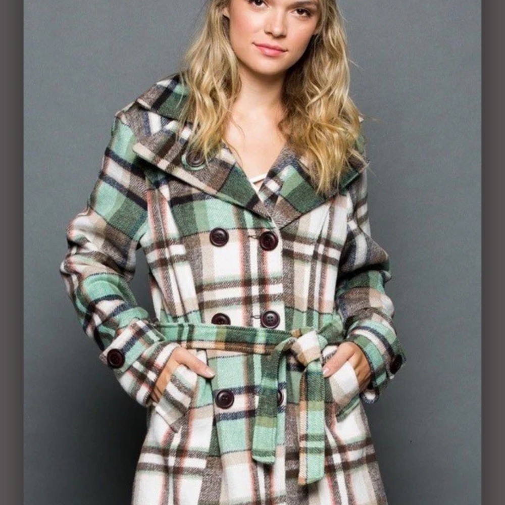 Elegant Double-Breasted Plaid Pea Coat NWOT